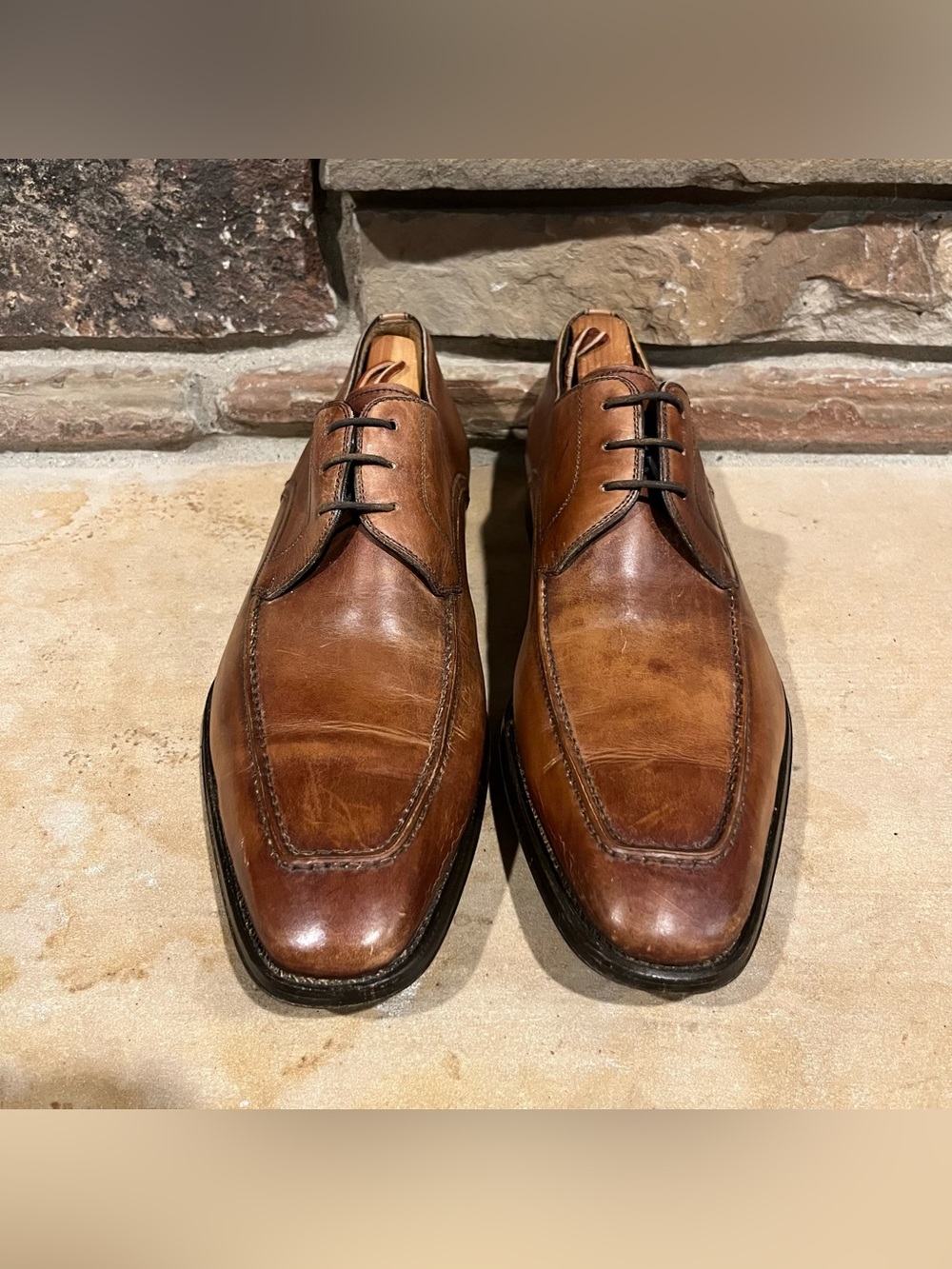 Magnanni Basilio Classic Almond Toe Brown Leather Lace-Up Derby Dress Shoes - Picture 2 of 10
